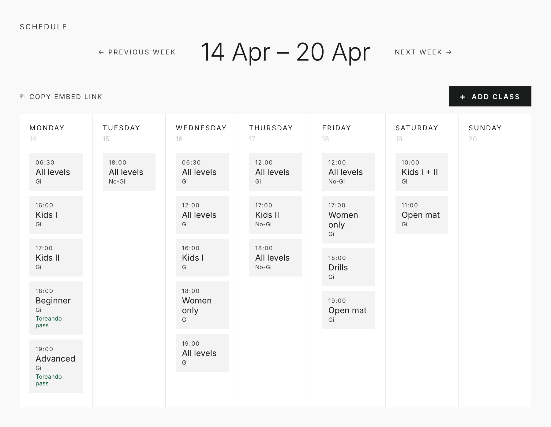 Admin weekly schedule grid